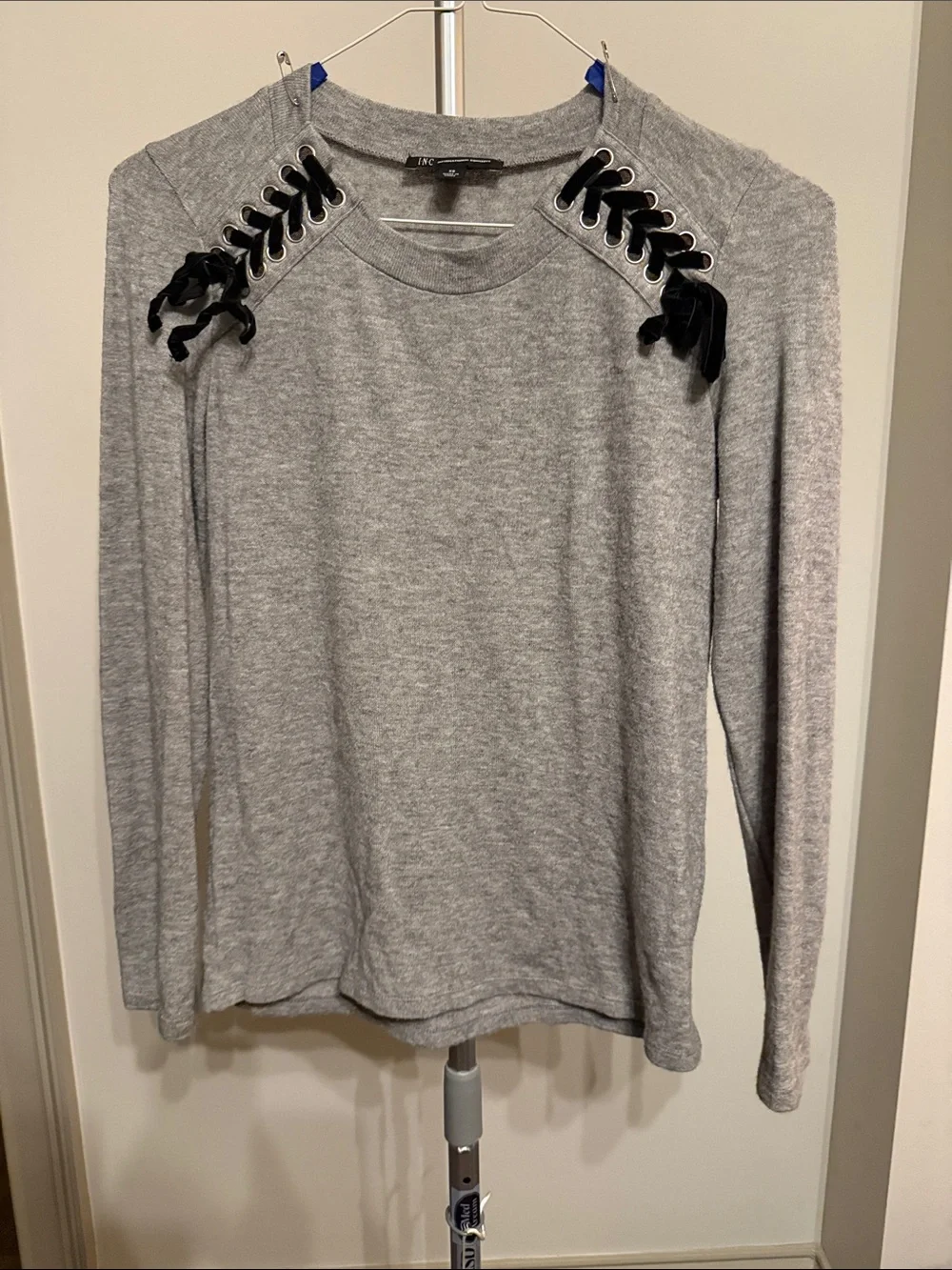 INC International Concepts Heather Gray Lace-Up Shoulder Crewneck Sweater